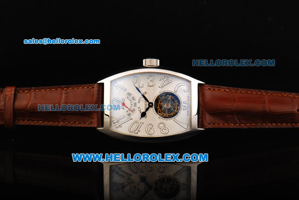 Franck Muller Swiss Tourbillon Manual Winding Movement Steel Case with White Dial and Brown Leather Strap - Click Image to Close